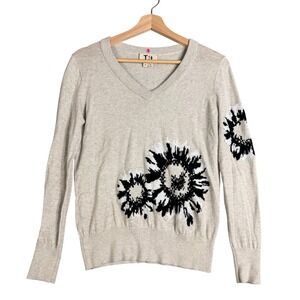 L+t Womens Size XS Oatmeal Beige Cotton V-Neck Intarsia Floral Pullover Sweater